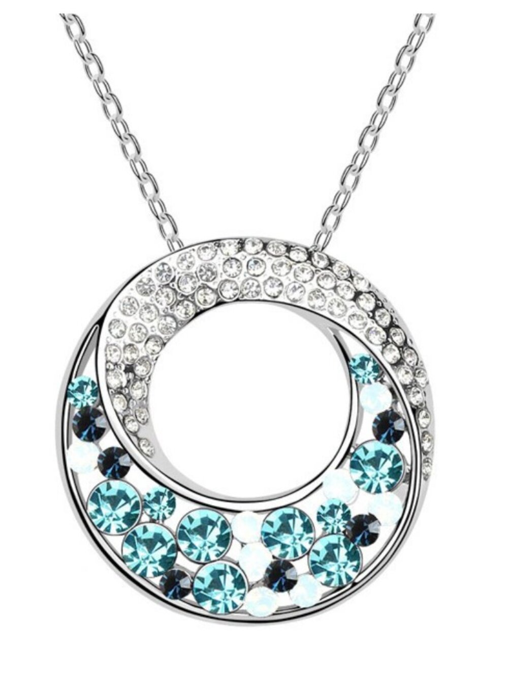 NWT Silver Tone Swarovski Crystal Circle Pendant Necklace – Blue Open Round Stat